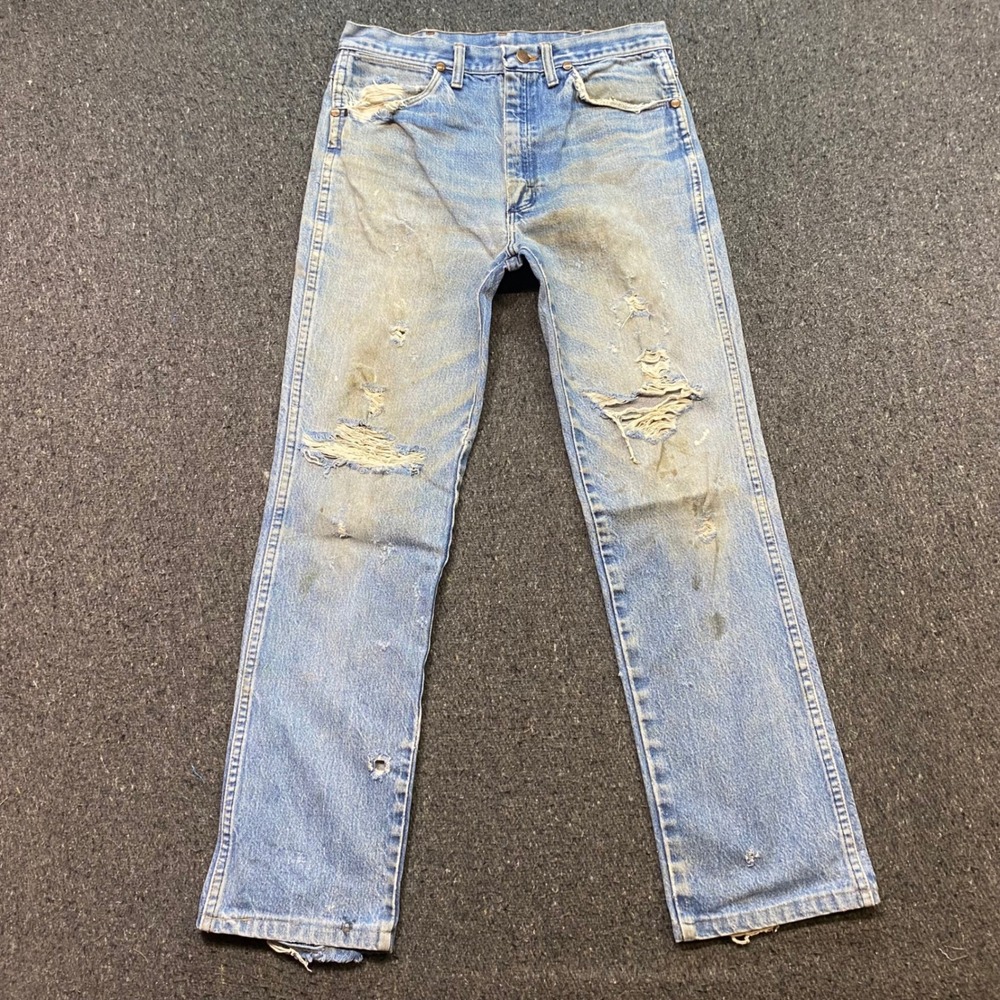 Wrangler Jeans Sz 31 Mens Blue Grunge Skater Distressed Stained Straight Leg